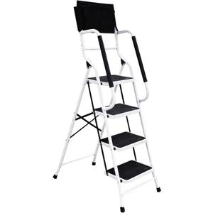Double Elite Step Ladder 5 Step Folding with Handrails, Safer 5 Step Ladders for Home, Convenient Folding Step Stool with Tool Bag, Sturdy Indoor/Outdoor Ladder for Adults Anti-Slip Pedals, White