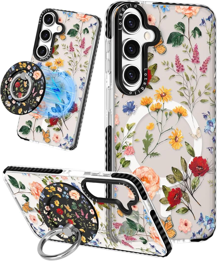 Lotadilo Cute Case for Samsung Galaxy S24 FE for Women Girls - Funny Retro Flower Design Compatible with Magsafe Magnetic Ring Holder Kickstand Fashion TPU Phone Covers