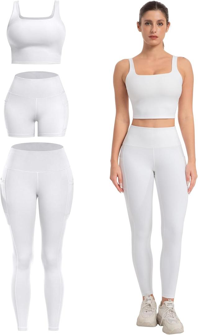 3 Piece Workout Sets for Women High Waisted Leggings with Pockets Tummy Control Biker Shorts Yoga Sports Bra (Medium, White)