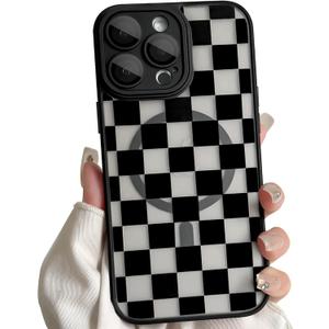 Lovmooful Magnetic Compatible for iPhone 15 Pro Max Case Compatible for MagSafe Cute Clear Checkerboard Lattice Plaid Design for Girls Women Soft TPU+PC Shockproof Protective Girly-Black