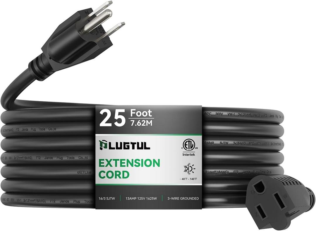 PLUGTUL Outdoor Extension Cord 25 FT Waterproof, 16/3 Gauge Black Heavy Duty 3 Prong Extension Cord, 13A 1625W SJTW, ETL Listed, Great for Garden and Home