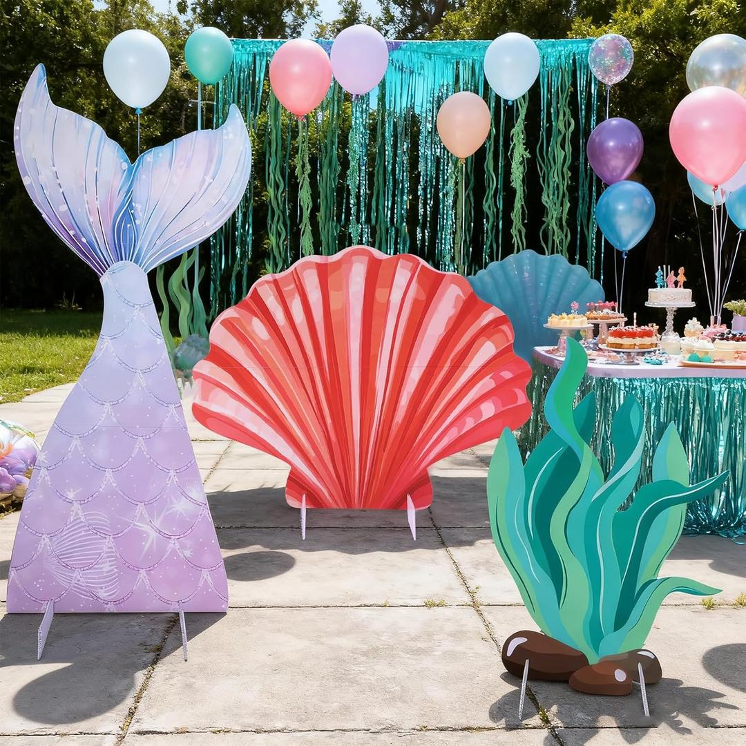 3 Pcs Large Sea Party Stand Decor, Under The Sea Sign Stand Party Decorations Set Mermaid Tail Seaweed with Brackets for Ocean Mermaid Theme Birthday Photography Props Decor