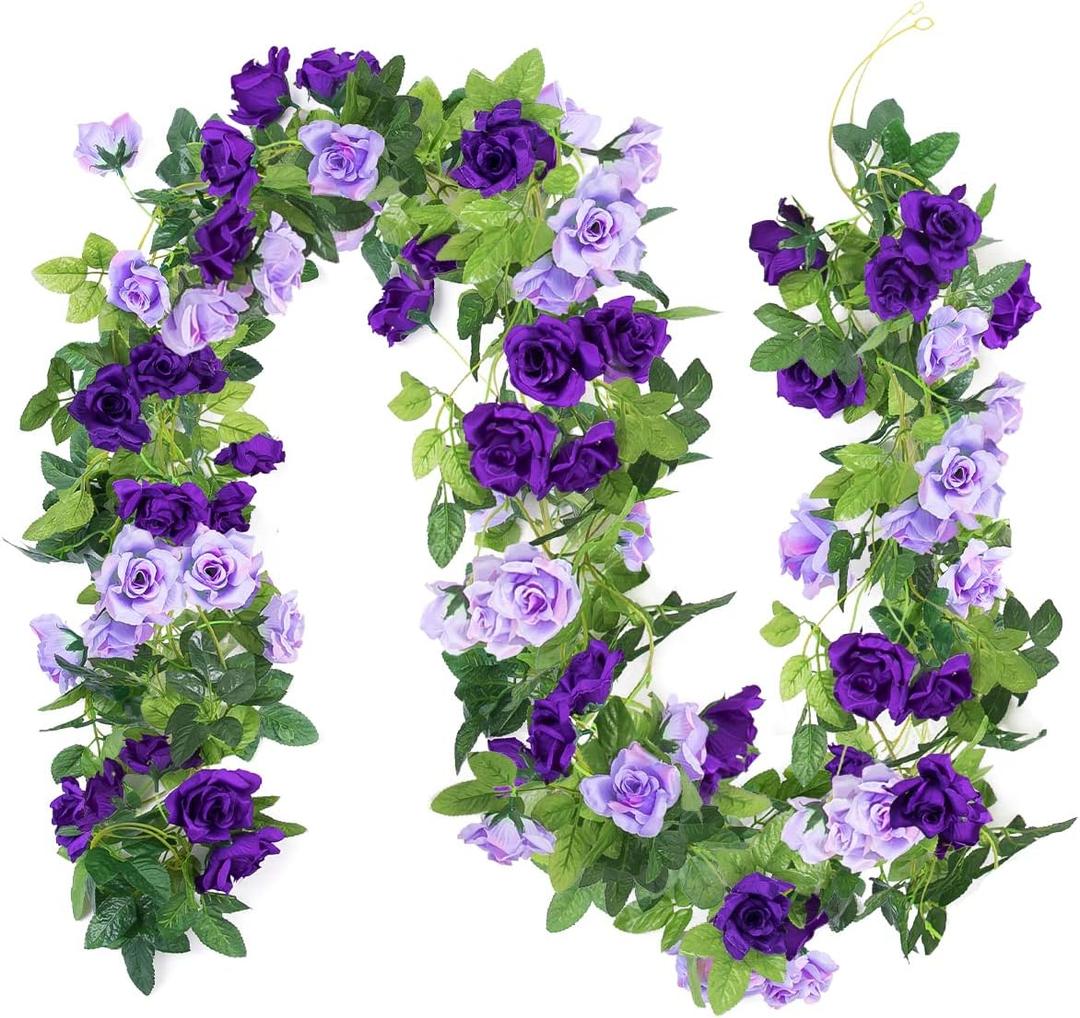 Kisflower 3Pack Artificial Rose Flower Garland, 23.7FT Fake Vines Silk Flowers Hanging Rose Ivy for Wedding Arch Decorations Room Party Home Garden Hotel Office Wall Decor (Purple)