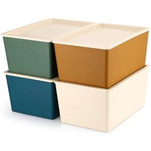 Menkxi 4 Pcs Storage Bins with Lids Plastic Storage Containers Stackable Storage Box Baskets for Organizing Shelves(Mixed Color, Large)