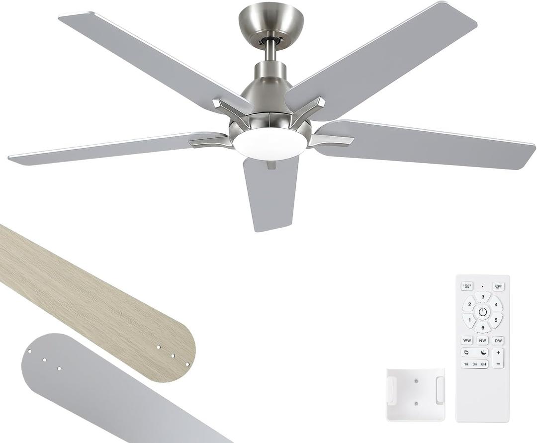 putroad 52 Inch Ceiling Fans with Lights: Brushed Nickel Ceiling Fan with Light and Remote for Bedroom Living Room Dining room Patio, 3CCT Dimmable 6 Speeds Reversible Quiet DC Motor