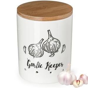 LYEOBOH Garlic Keeper, Garlic Storage, Garlic Holder, Large Ceramic Garlic Keeper with Wooden Lid, Garlic Jar, Garlic Storage Container, White