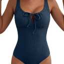Aleumdr Textured Tummy Control Swimsuits for Women Tie Knot One Piece Bathing Suit Drawstring Slimming Vintage Swimwear Sail Blue Large