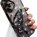 for iPhone 16 Plus Glitter Butterfly Case,Cute Luxury Bling Sparkle Liquid Flowing with Camera Lens Protector Soft TPU Plating Bumper Shockproof Women Girls Case for iPhone 16 Plus 6.7",Black