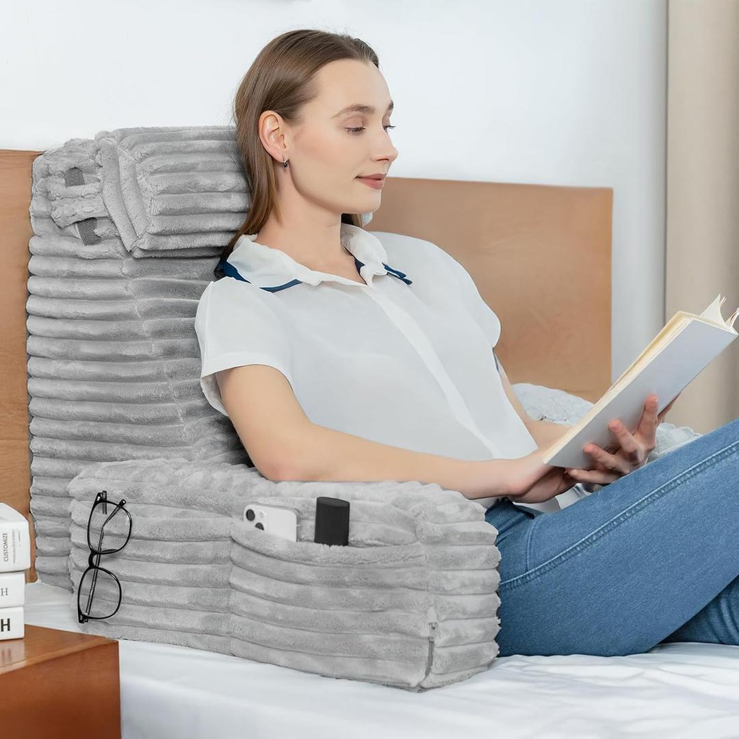 ENITYA Back Pillow for Bed Sitting up, Reading Pillow for Sitting in Bed Adult, Back Support Wedge for Reading/Resting/Post Surgery/Watching TV/Gaming,Light Grey (XL(5'3"-5'11"))