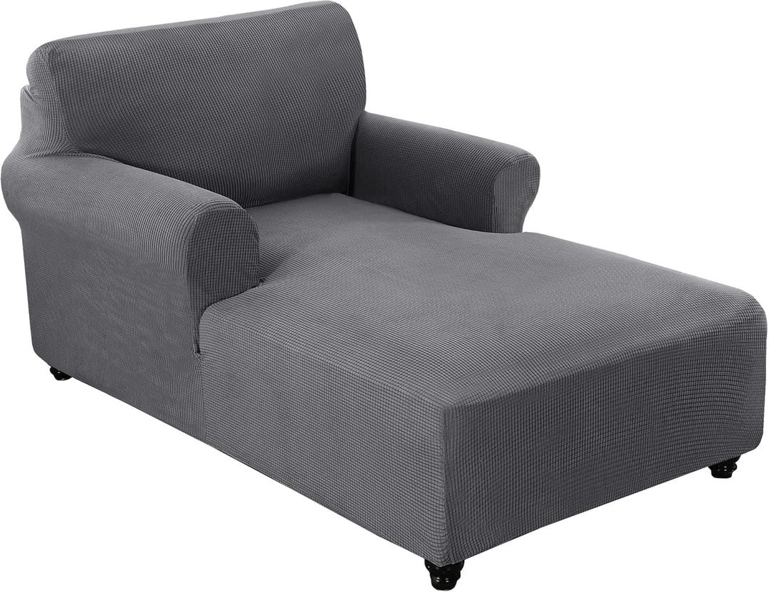 FantasDecor Chaise Lounge Cover Stretch Chair Lattice Slipcover with Armrests for Living Room Bedroom Double Arm Soft Jacquard Fabric Machine Washable, Grey