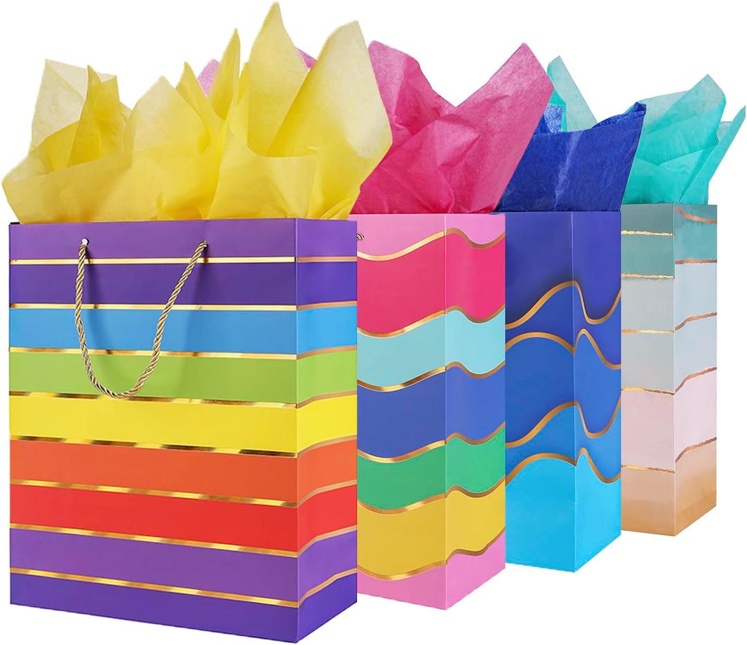 Cmecial 12.6" Paper Gift Bags with Tissue Paper, Extra Large Gift Bags with Handles, Birthday Rainbow Bag Large Size, Medium Birthday Bags Wrap Bag for Kids (12 Piece Set, Striped)