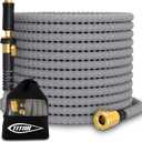 TITAN Flexible Garden Hose 100FT  Ultra Lightweight, Heavy Duty Water Hose with Brass Fittings & Jet Nozzle  Kink-Free, Non-Expanding, Durable Fabric Hose for Yard, Lawn, Car Wash, Outdoor Use (Gray)