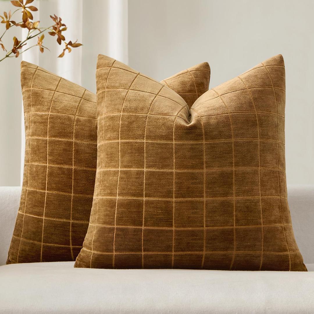MIULEE Decorative Chenille Check Throw Pillow Covers Vintage Plaid Couch Pillows 20x20 Inch Set of 2 Neutral Boho Farmhouse Cushion Covers Modern Home Decor for Sofa Bed Living Room Brown Sugar