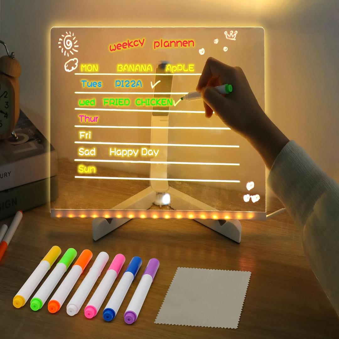 LED Note Board with Colors, Acrylic Dry Erase Board with Light, Magical Light Board, Light Up White Board with 7 Color Pen and Adjustable Stand, for Office School Home, Gift for Kids(8"x8") (Medium)