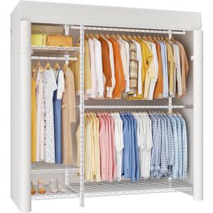 F7C Clothes Rack with Cover, Covered Clothing Rack Heavy Duty | Adjustable Garment Rack with Shelves, Portable Closets for Hanging Clothes, Max Load 770 Lbs, White Rack with White Cover
