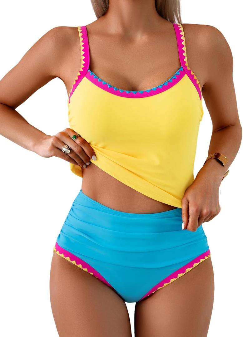 Eomenie Tankini Swimsuit for Women Tummy Control Ruched Two Piece Bathing Suits High Waisted Shell Stitch Swimwear (Large, Yellow&Blue)