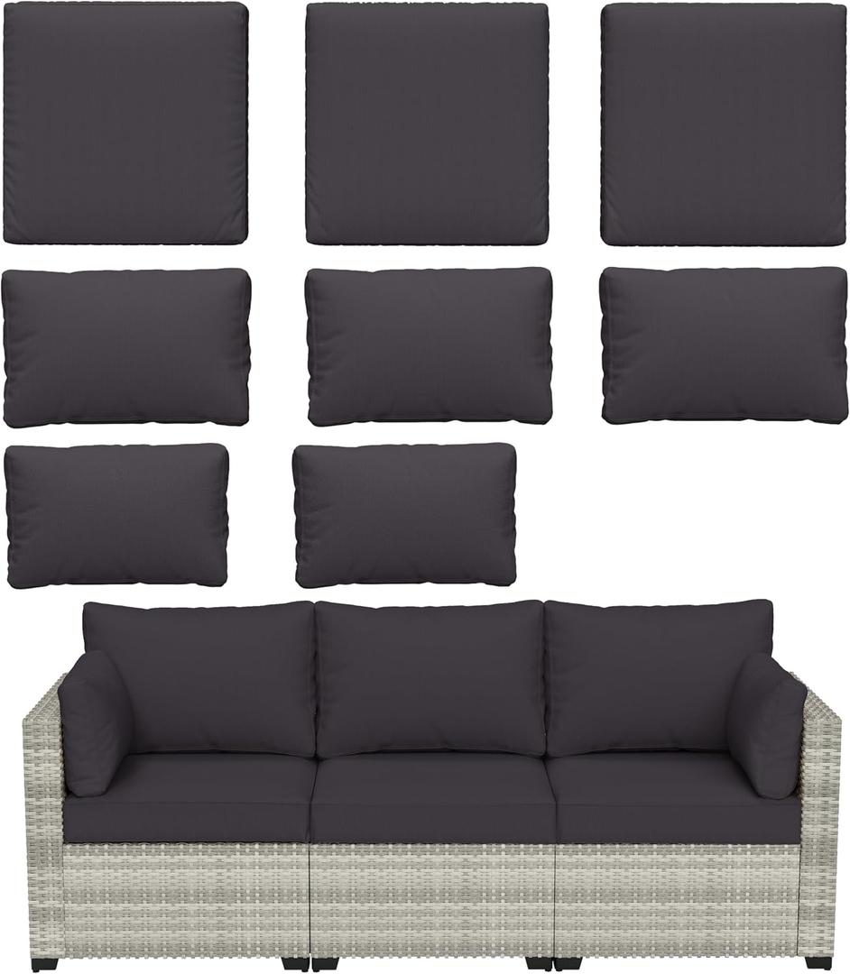 8 pcs Outdoor Cushion Slipcovers Outdoor Patio Cushions Covers Replacement Waterproof with Zipper w/3 Seat Cushion Covers and 5 Backrest Pillow Covers, Covers Only, ,Grey