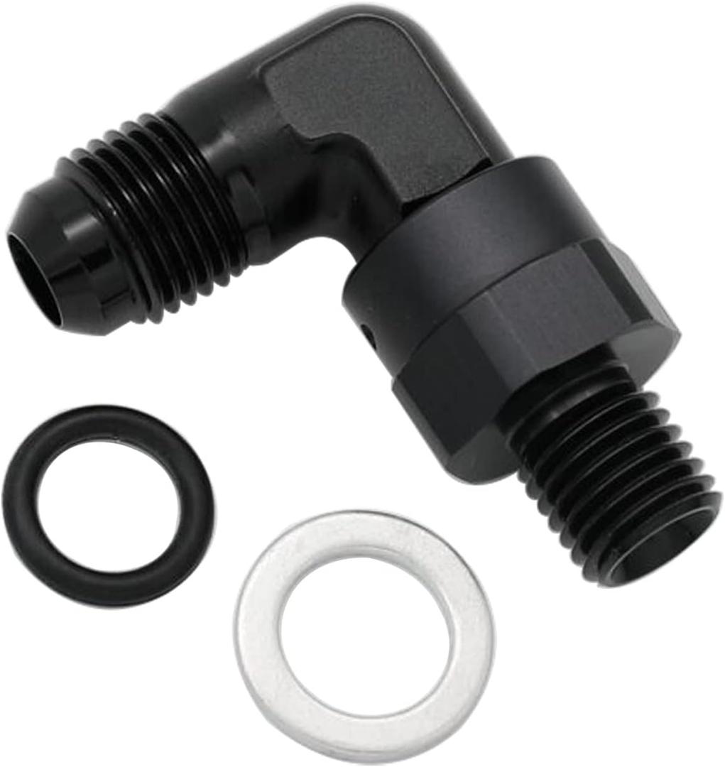 High Flow Radius 90 Degree Aluminum 6AN Male Flare to M12x1.5 Metric Swivel Fitting Adapter, Black