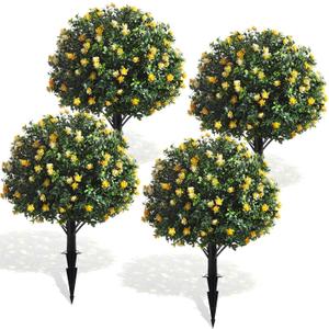 Yunlly 4 Pcs Artificial Boxwood Topiary Ball Tree 27 Inch Outdoor Boxwood Balls with Flower Faux Bush, UV Resistance Fake Shrub Plant with Spike for Garden Porch Patio Decor (Yellow)