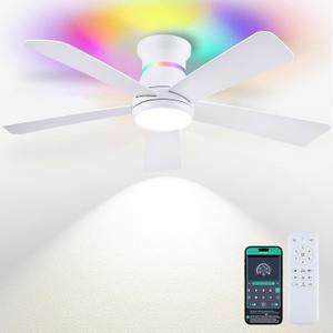 Surtime 46" White Ceiling Fans with RGB Lights - Flush Mount Ceiling Fan Light with LED 3CCT Dimmable, Modern Low Profile Ceiling Fans for Indoor Party,Covered Outdoor