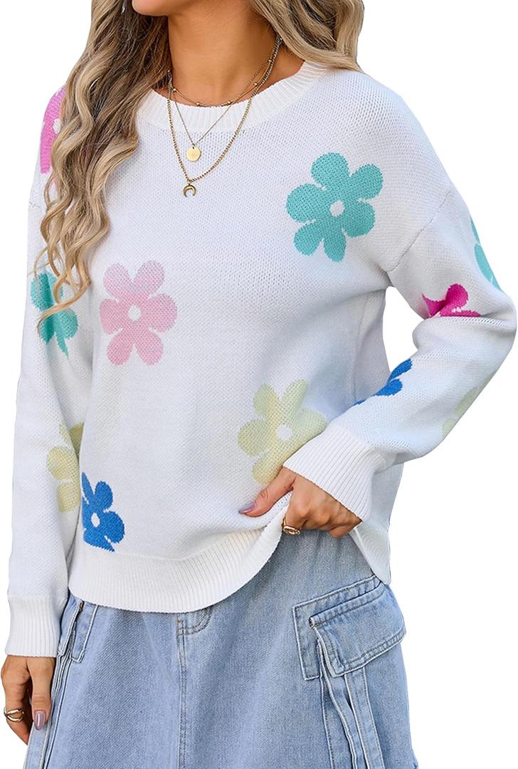 Angashion Womens Sweaters Flower Print - Crewneck Knitted Long Sleeve Sweaters Fall Winter Pullover Casual Top (L)