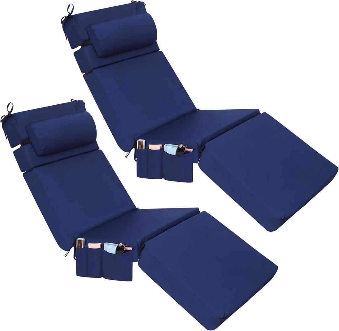 Wenqik 2 Pcs Outdoor Chaise Lounge Cushion with Pillow and Side Pocket Waterproof Lounge Chair Cushions with Pocket on Back 72 x 21 x 4 Inch Patio Replacement Pad for Pool Furniture(Navy Blue)