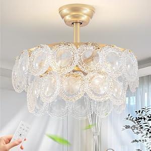Modern Gold Crystal Fandelier Ceiling Fan with Light and Remote 6-Speed