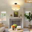 3 Light Double Drum Semi Flush Mount Ceiling Light, Close to Ceiling Light Fixture, 16 Inch with Fabric Linen Shade, Black Brass, for Living Room, Bedroom, Dining Room,Hallway and Entryway