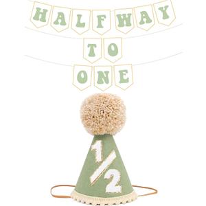Half Way To One Decorations for Boy Girls, 1/2 Birthday Hat And Pre-strung Half Birthday Banner For Six Months Ha-lf Year BD Decorations