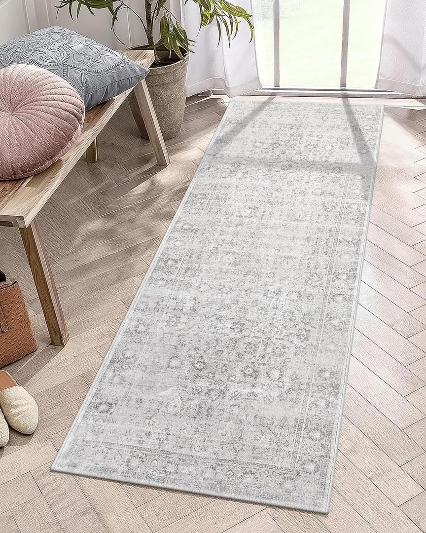 LIVEBOX 2x6 Washable Runner Rug - Kitchen Rug Runner Entryway Rugs, Low-Pile Vintage Grey Rugs for Bedroom, Non-Skid Soft Carpet for Bathroom Hallway (Silvergray)