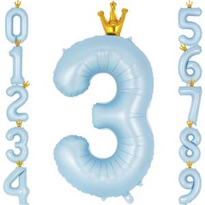 Crown Blue Number 3 Balloon 40 Inch, Big Large Foil Helium Number Balloons, Jumbo Giant Mylar Number 3 Balloons for 3 Third Birthday Party Decorations Supplies Anniversary Celebration
