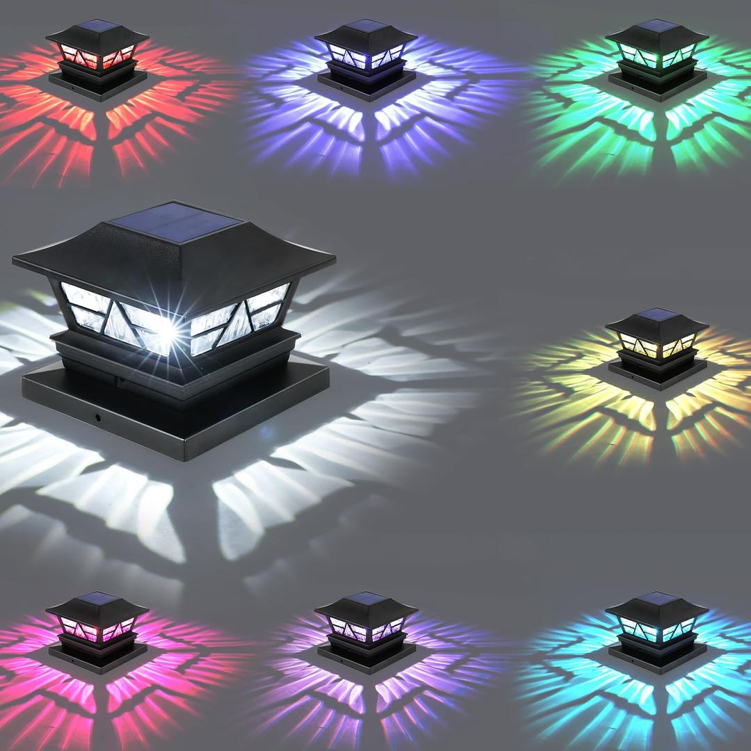 Viewsun Solar Post Lights Outdoor Waterproof RGB Color Changing Modes Fence Post Cap Lights, Deck Post Lights Solar Powered for 4x4 5x5 6x6 Wooden or Vinyl Yard Garden Patio Decor, Black(8 Pack)