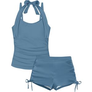 Girls Swimsuit 2 Piece Halterneck Girls Tankini Swimsuit Drawstring Printed Swim Shorts Girl Bathing Suit for 7-16T (13-14 Years, Grey Blue-2)