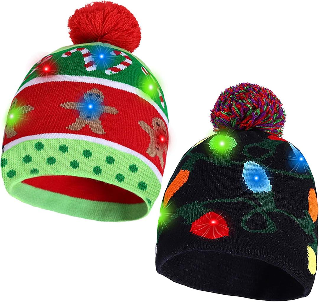 2 Pack Christmas LED Light-up Knitted Beanie Hat Colorful Flashing Holiday Xmas Christmas Party Supplies(One Size Fits More) (Green)