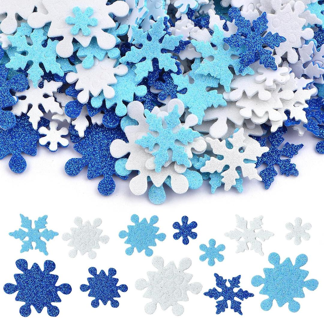 500 Pieces Glitter Snowflake Foam Stickers Mixed Sizes Self-Adhesive Winter Snowflake Sticker Decals Embellishments for Christmas Party Decoration DIY Craft Projects