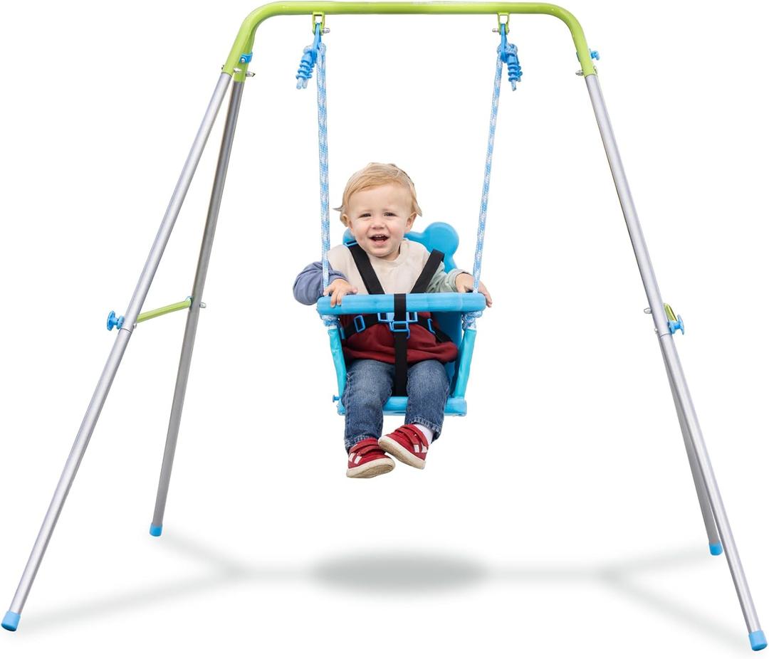 Sportspower My 1st Toddler Swing - Heavy-Duty Baby Indoor/Outdoor Swing Set with Safety Harness, Blue, 52"L x 55"W x 47"H