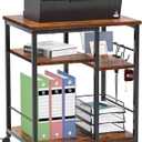 Furologee 3 Tier Printer Stand for Home Office Organization, Mobile Printer Cart with Wheels and 2 Hooks, Under Desk Shelf with Storage, for Living Room, Kitchen, Rustic Brown