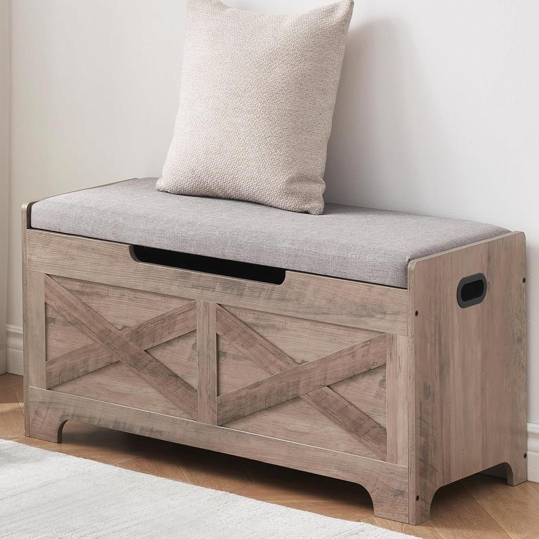 Storage Chest, Farmhouse Toy Storage Trunk, Wooden Entryway Storage Bench with Safety Hinge and Lift-Top for Entryway, Living Room, Grey (39.4 inches)