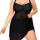 Daci Plus Size Two Piece Swim Dress with Shorts for Women Mesh Swimsuits Flowy Bathing Suits (Black, 18 Plus)