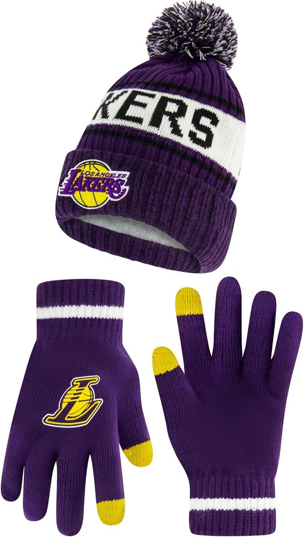 Ultra Game NBA Boys Girls Super Soft Winter Beanie Knit Hat With Extra Warm Touch Screen Gloves, Los Angeles Lakers