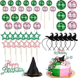 50 Pcs Witch Princess Theme Birthday Party Supplies Witch Party Favors Disco Ball Cake Toppers Accessories Pink and Green Decorations(Wizard Hat)