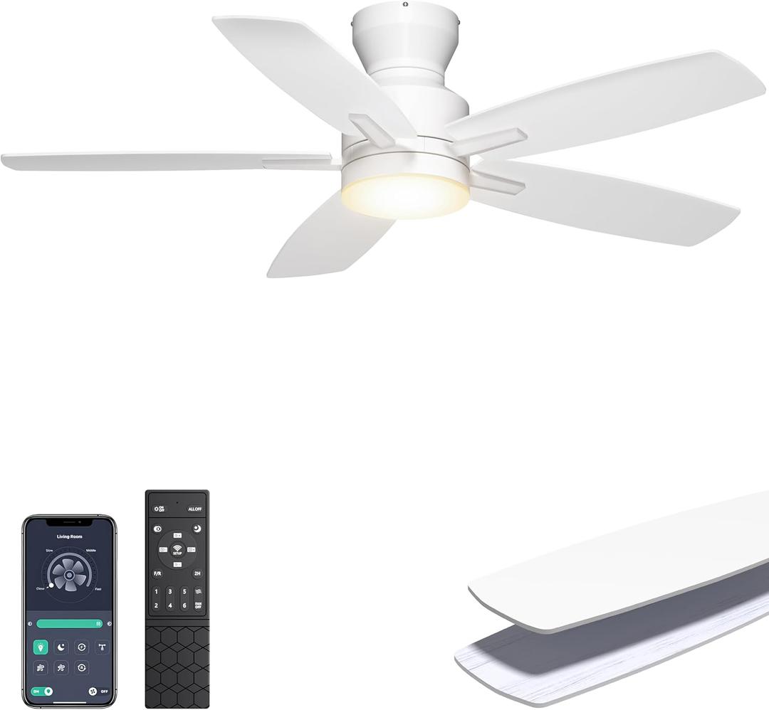 Ohniyou Ceiling Fans with Lights, 42'' Low Profile Ceiling Fan with Light and Remote/APP Control, Modern Flush Mount Ceiling Fan for Indoor Bedroom Kitchen, Dimmable, Qiuet DC Motor, White