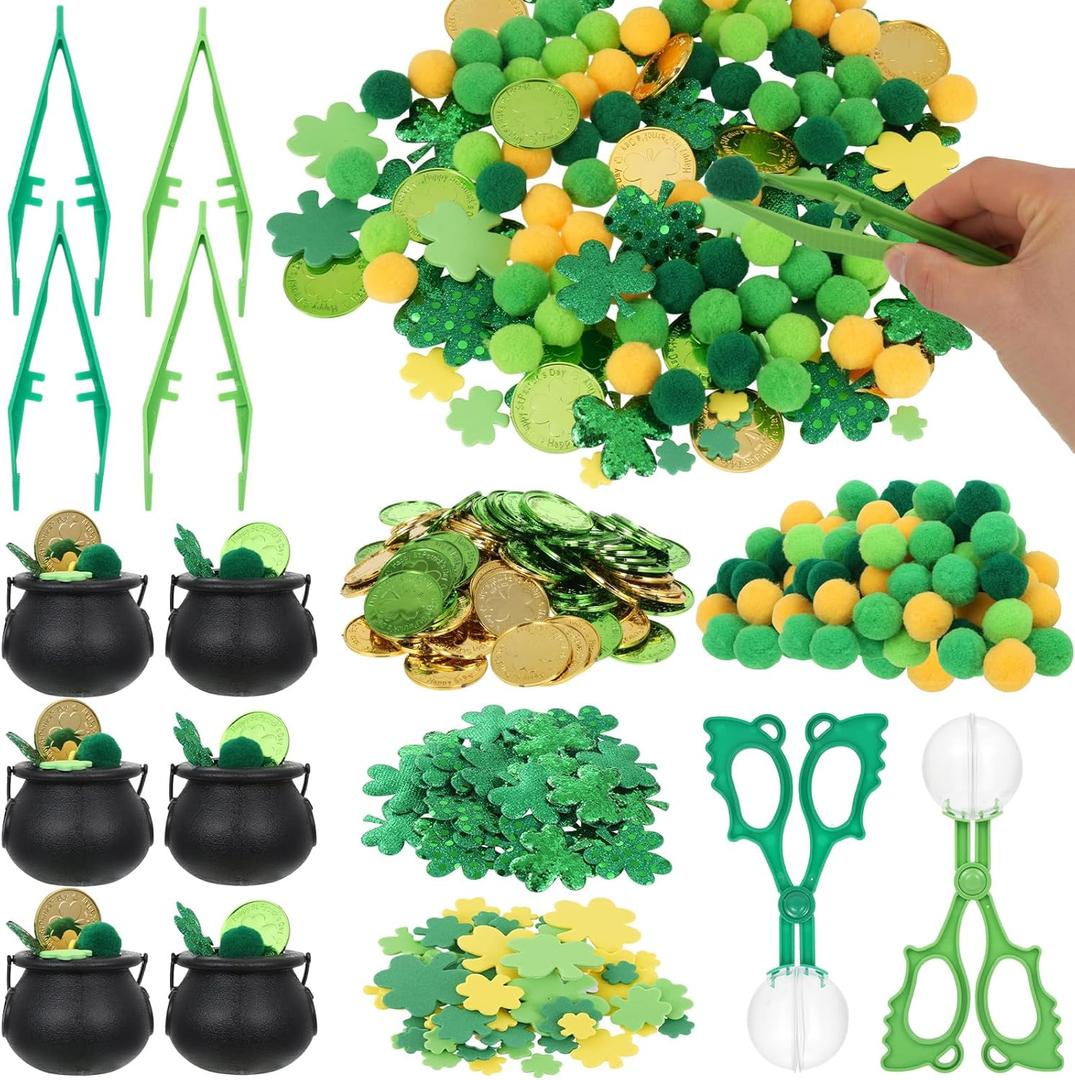 302 Pcs St. Patrick's Day Sensory Bin Fillers Fine Motor Skills St. Patrick's Decorations Pompoms Shamrock Stickers Plastic Coins Tweezers Scissor Clips for St. Patrick's Sorting Counting