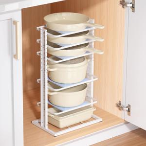 LAMU Pots and Pans Organizer for under Cabinet, 6-Tier Heavy Duty Pan Pot Organizers inside Cabinet Adjustable 14 to 24.57", Pot Rack Kitchen Cabinet Organization and Storage Holds up to 12" Cookware (Blanco)