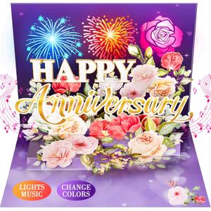 Anniversary Card, Music & Light Pop up Valentine's Card with Fireworks Flowers Gifts for Him Her Husband Wife Couple (Purple)