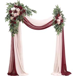 Floroom Arch Flowers with Drapes Kit (Pack of 4) - 2pcs Artificial Burgundy & Blush Floral Swag Arrangement with 2pcs Draping Fabric for Wedding Ceremony Arbor and Reception Backdrop Decoration