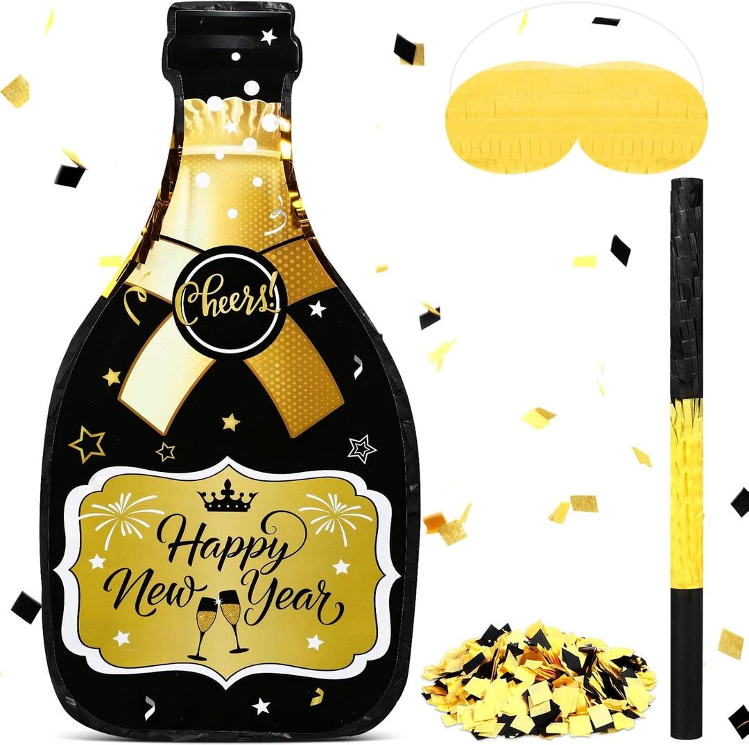 Capoda Happy New Year Champagne Piata Set 16 x 8.3 x 3 Inches Champagne Bottle Black and Gold Piata with Tassel Stick Blindfold Confetti for 2026 New Years Eve Party Games Supplies Decorations