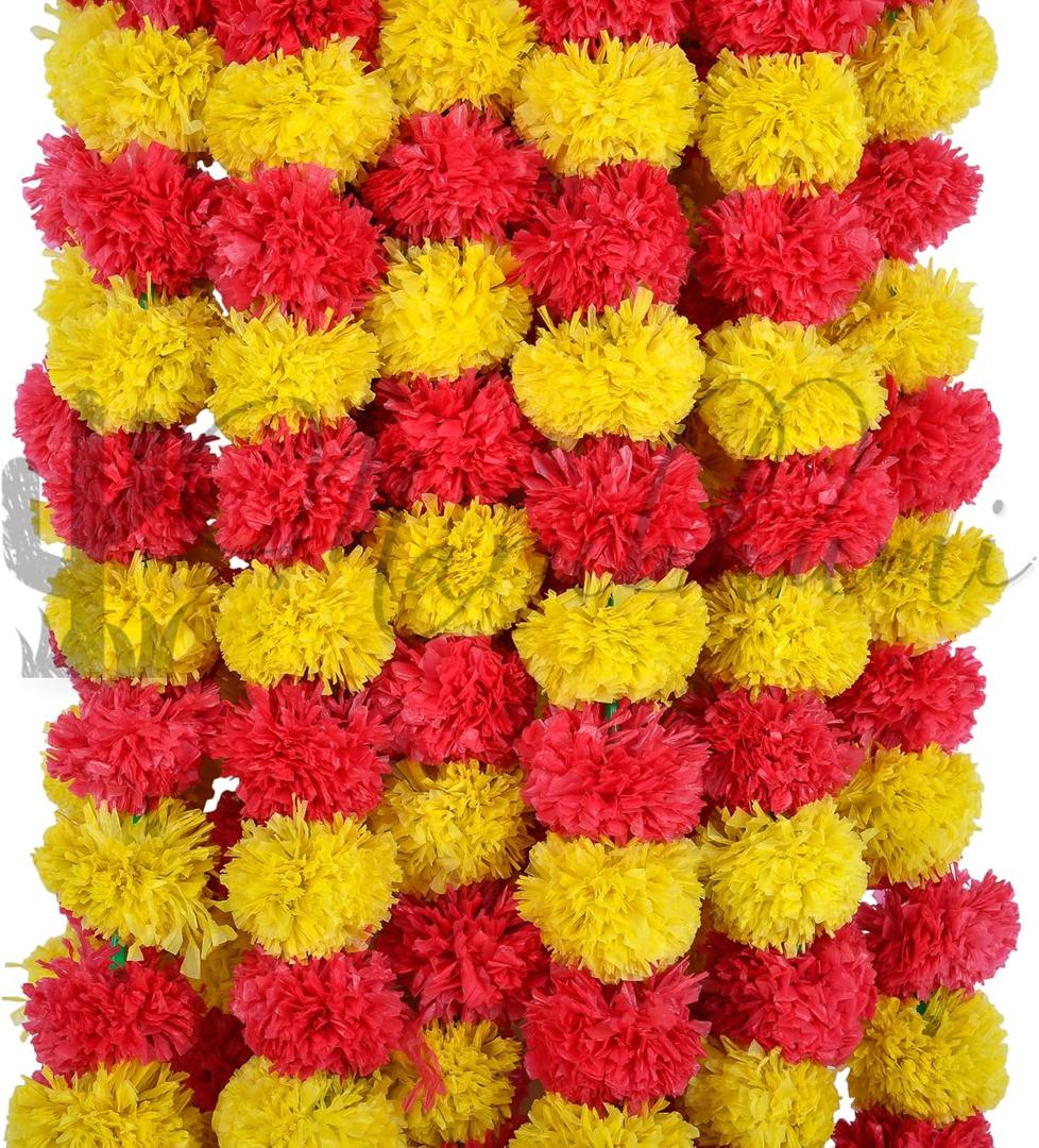 Marubhumi 5 PC - 5 feet Artificial Marigold Flower Garland  Long Strands for Diwali, Wedding & Festive Decoration  Traditional Indian Home Decor (Lemon/Red)