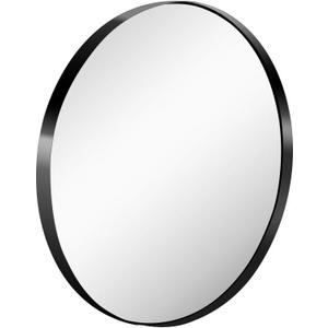 26-Inch Large Wall Mounted Round Mirror Premium Brushed Metal Coated Frame Black Wall Mirror for Washroom, Entryways, Living Rooms