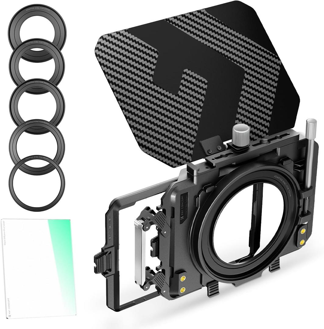 K&F CONCEPT Mini Matte Box +Black Mist 1/4 Filter Kit, DSLR Camera Matte Box with Carbon Fiber Top Flag Square Filters Trays with 67/72/77/82/95mm Adapter Rings, for 4x5.65 Square UV ND Filter